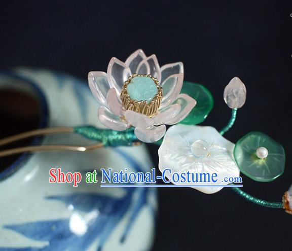 Chinese Ancient Princess Shell Hairpin Traditional Ming Dynasty Pink Lotus Hair Stick