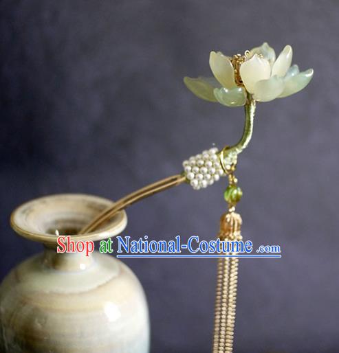 Chinese Ancient Princess Jade Lotus Tassel Hairpin Traditional Ming Dynasty Pearls Hair Stick