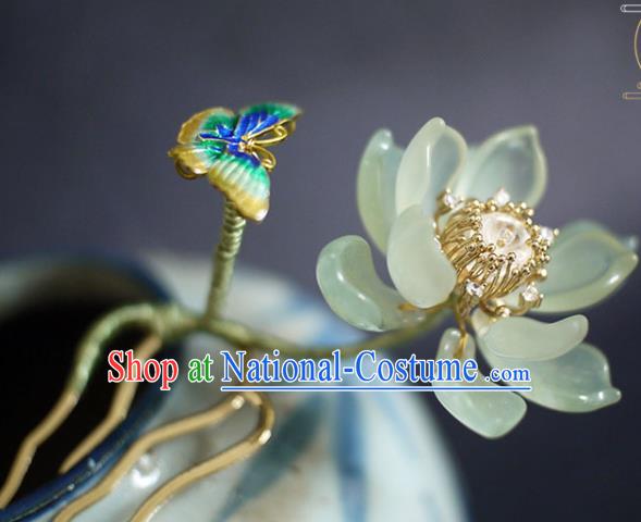 Chinese Ancient Young Beauty Jade Lotus Hairpin Traditional Ming Dynasty Cloisonne Butterfly Hair Comb