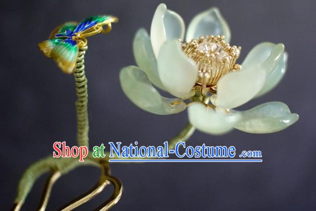 Chinese Ancient Young Beauty Jade Lotus Hairpin Traditional Ming Dynasty Cloisonne Butterfly Hair Comb