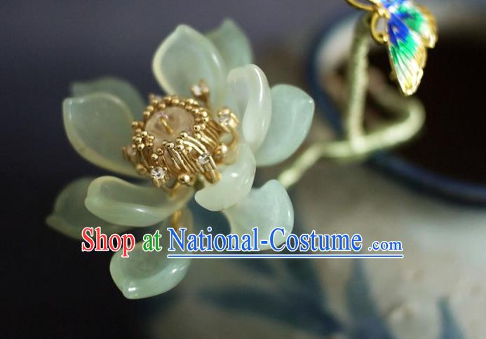 Chinese Ancient Young Beauty Jade Lotus Hairpin Traditional Ming Dynasty Cloisonne Butterfly Hair Comb