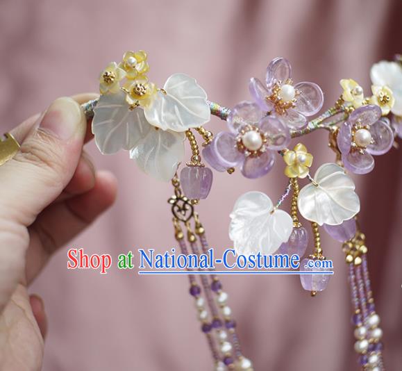 Chinese Ancient Palace Lady Shell Leaf Tassel Hairpin Traditional Song Dynasty Amethyst Flowers Hair Stick