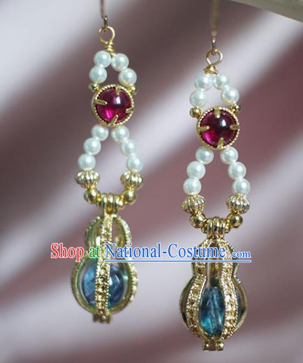 China Handmade Pearls Earrings Traditional Ming Dynasty Empress Golden Gourd Ear Jewelry