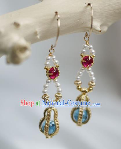 China Handmade Pearls Earrings Traditional Ming Dynasty Empress Golden Gourd Ear Jewelry