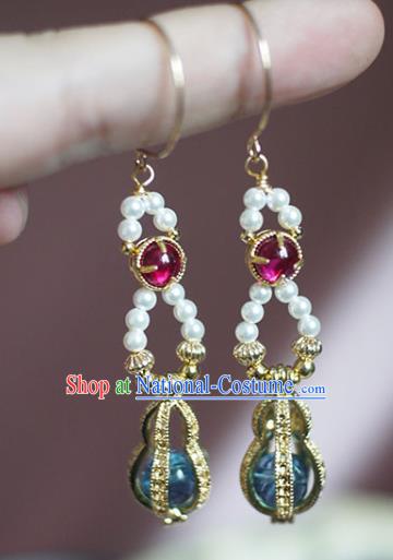 China Handmade Pearls Earrings Traditional Ming Dynasty Empress Golden Gourd Ear Jewelry