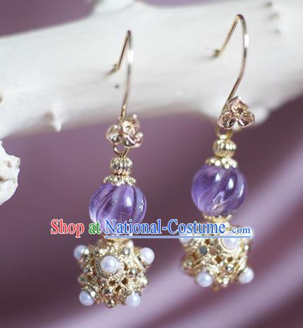 China Handmade Amethyst Earrings Traditional Ming Dynasty Empress Pearls Ear Jewelry