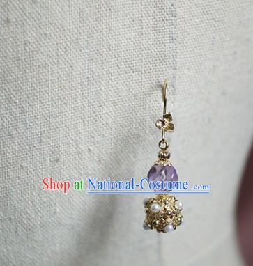 China Handmade Amethyst Earrings Traditional Ming Dynasty Empress Pearls Ear Jewelry