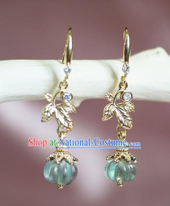 China Handmade Green Pumpkin Earrings Traditional Ming Dynasty Princess Golden Leaf Ear Jewelry