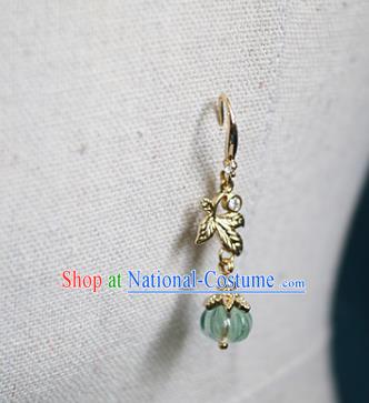 China Handmade Green Pumpkin Earrings Traditional Ming Dynasty Princess Golden Leaf Ear Jewelry