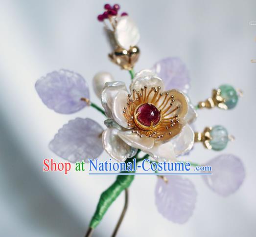 Chinese Ancient Imperial Concubine Shell Peony Hairpin Traditional Ming Dynasty Amethyst Leaf Hair Stick