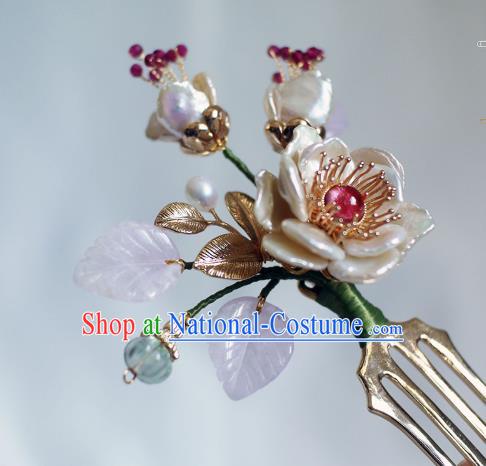 Chinese Ancient Palace Lady Amethyst Leaf Hairpin Traditional Ming Dynasty Shell Peony Hair Comb