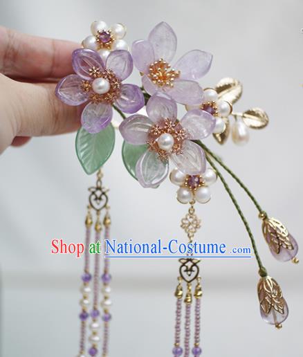 Chinese Ancient Princess Purple Tassel Hairpin Traditional Ming Dynasty Amethyst Grandiflorum Hair Stick