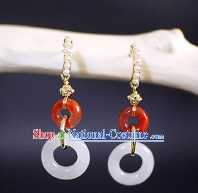 China Handmade Agate Earrings Traditional Cheongsam Jade Peace Buckle Ear Jewelry