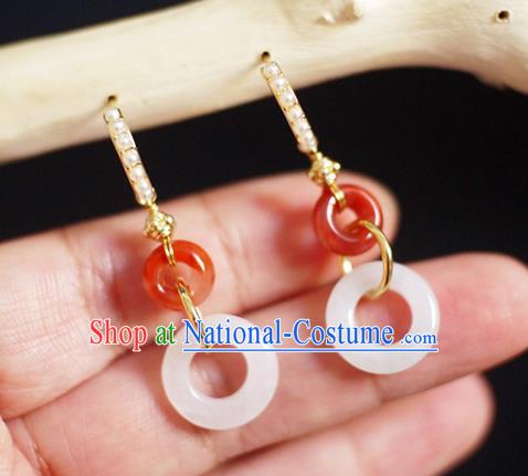 China Handmade Agate Earrings Traditional Cheongsam Jade Peace Buckle Ear Jewelry