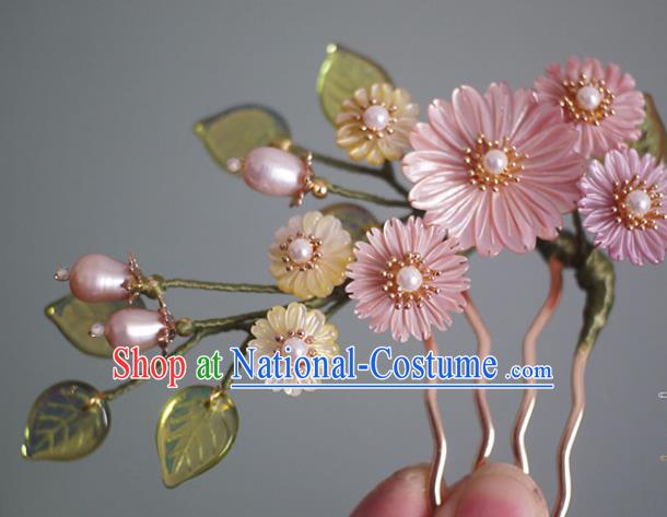 Chinese Ancient Princess Pearls Hairpin Traditional Ming Dynasty Pink Shell Daisy Hair Comb