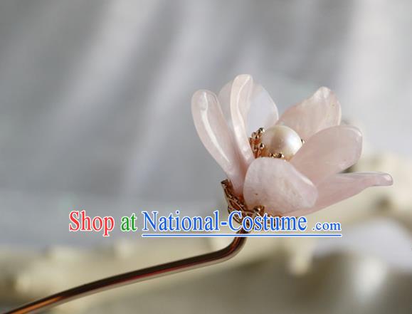 Chinese Ancient Young Beauty Hairpin Traditional Ming Dynasty Rose Quartz Mangnolia Hair Stick