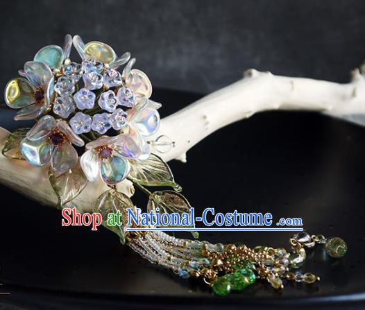 Chinese Traditional Ming Dynasty Blue Hydrangea Hair Stick Ancient Imperial Concubine Beads Tassel Hairpin