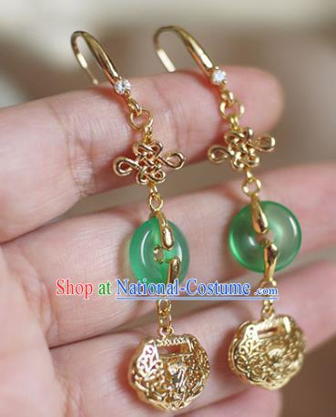 China Handmade Jade Peace Buckle Earrings Traditional Ming Dynasty Golden Lock Ear Jewelry