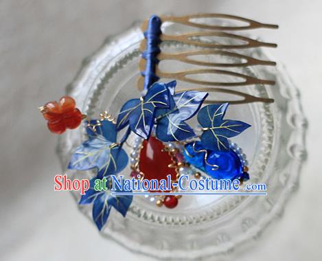 Chinese Traditional Ming Dynasty Hair Stick Ancient Princess Blue Gourd Leaf Hair Comb