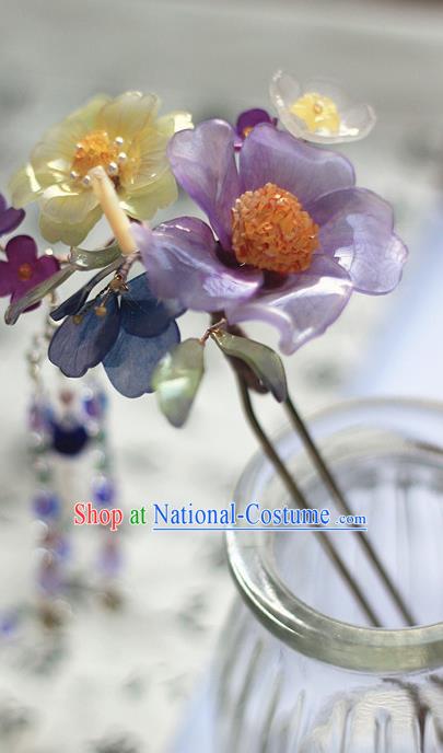 Chinese Traditional Hanfu Hair Stick Ancient Palace Lady Purple Flowers Hairpin