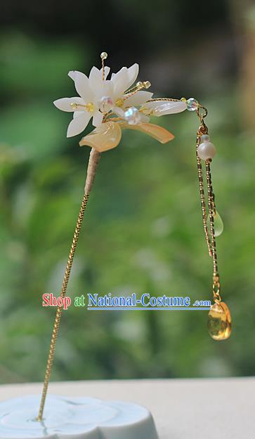 Chinese Traditional Ming Dynasty Flowers Hair Stick Ancient Young Lady Topaz Tassel Hairpin