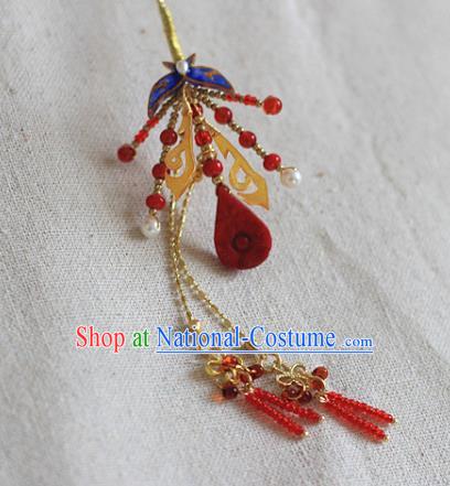 Chinese Traditional Ming Dynasty Butterfly Hair Stick Ancient Palace Lady Red Beads Tassel Hairpin