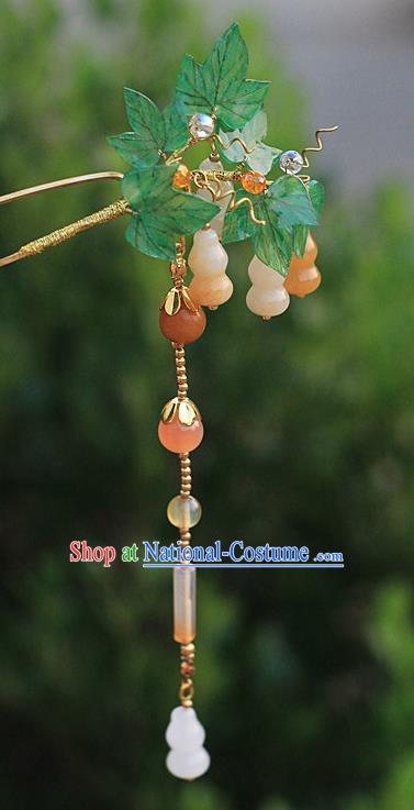 Chinese Ancient Court Lady Hairpin Traditional Ming Dynasty Jade Gourd Tassel Hair Stick