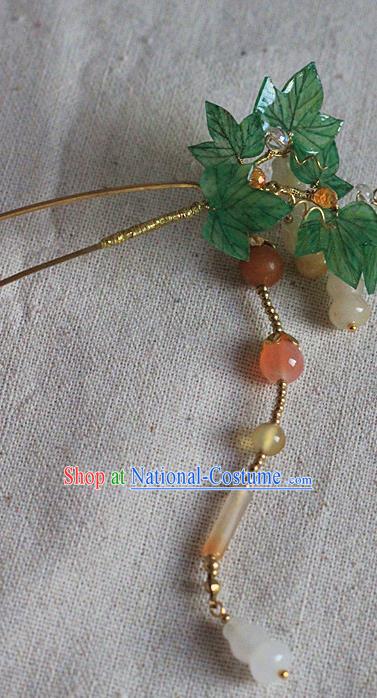 Chinese Ancient Court Lady Hairpin Traditional Ming Dynasty Jade Gourd Tassel Hair Stick