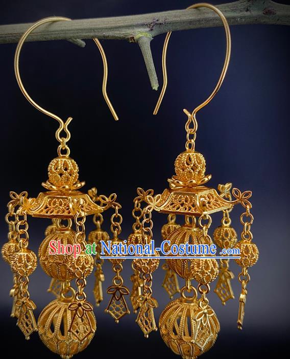 China Handmade Ancient Empress Earrings Traditional Ming Dynasty Golden Lantern Ear Jewelry