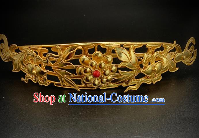 Chinese Traditional Ming Dynasty Court Hair Accessories Ancient Imperial Concubine Golden Peony Hair Crown