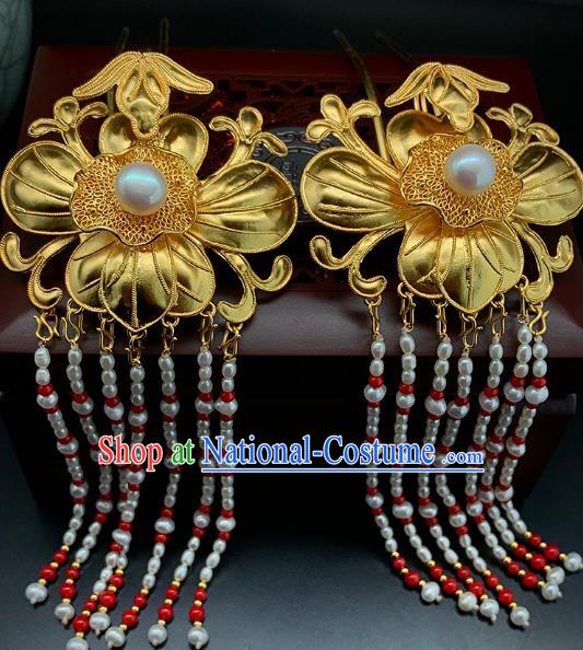 Chinese Ancient Empress Golden Lotus Leaf Hair Stick Traditional Ming Dynasty Pearls Tassel Hairpin