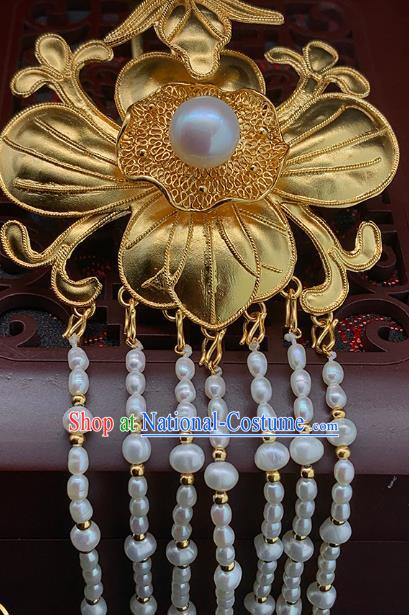 Chinese Ancient Empress Golden Lotus Leaf Hair Stick Traditional Ming Dynasty Pearls Tassel Hairpin