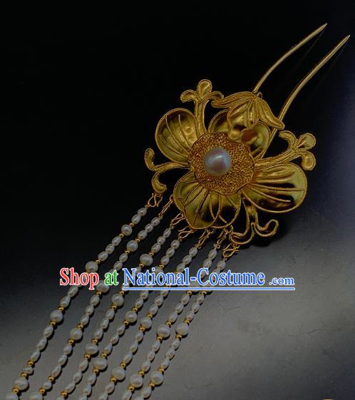 Chinese Ancient Empress Golden Lotus Leaf Hair Stick Traditional Ming Dynasty Pearls Tassel Hairpin