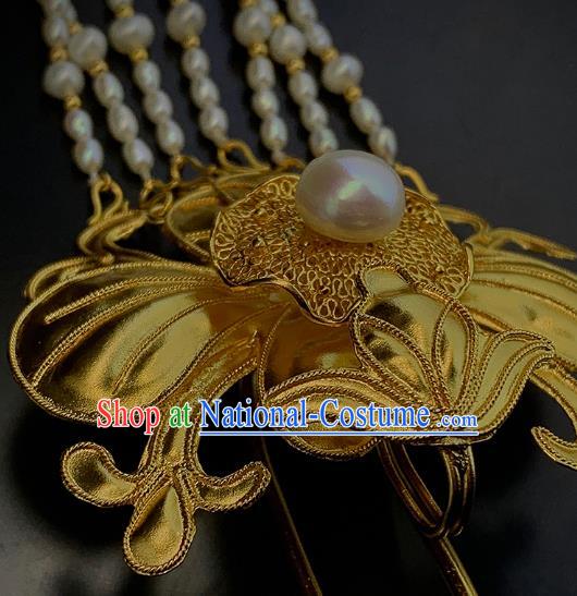 Chinese Ancient Empress Golden Lotus Leaf Hair Stick Traditional Ming Dynasty Pearls Tassel Hairpin