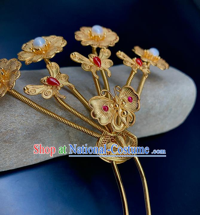 Chinese Traditional Ming Dynasty Wedding Pearls Hairpin Ancient Empress Golden Butterfly Hair Stick