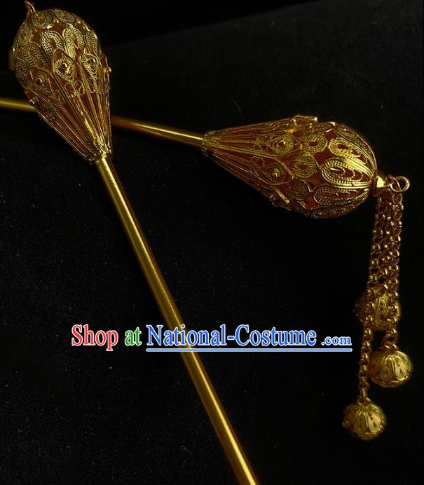 Chinese Ancient Court Woman Hair Stick Traditional Ming Dynasty Golden Lotus Tassel Hairpin