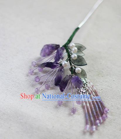 Chinese Ancient Princess Amethyst Hairpin Traditional Ming Dynasty Purple Beads Tassel Hair Clip