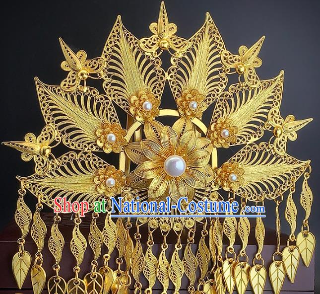 Chinese Ancient Court Woman Golden Tassel Hair Crown Traditional Ming Dynasty Pearls Hair Comb