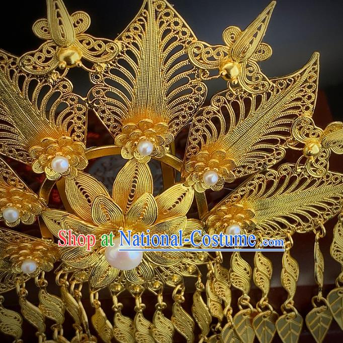 Chinese Ancient Court Woman Golden Tassel Hair Crown Traditional Ming Dynasty Pearls Hair Comb