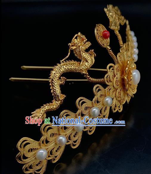 Chinese Ancient Court Empress Pearls Hair Crown Traditional Ming Dynasty Golden Phoenix Dragon Hairpin