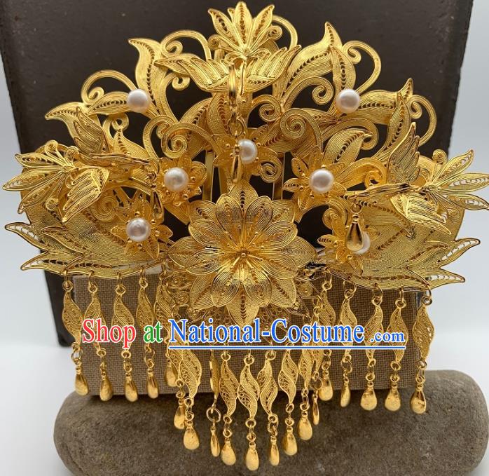 Chinese Ancient Queen Phoenix Coronet Traditional Ming Dynasty Golden Peony Tassel Hair Crown