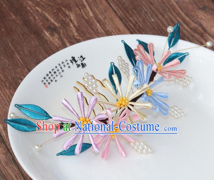 Chinese Ancient Princess Pearls Hairpin Traditional Song Dynasty Silk Chrysanthemum Hair Comb