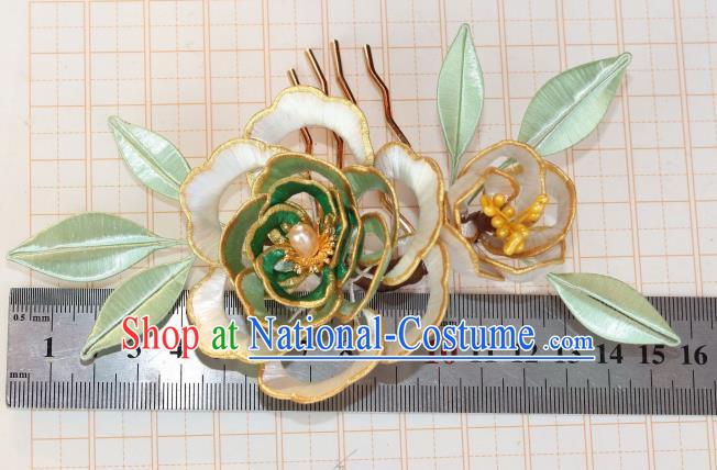 Chinese Ancient Palace Lady Hairpin Traditional Ming Dynasty Green Silk Peony Hair Comb