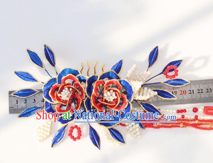 Chinese Ancient Court Lady Royalblue Silk Peony Hairpin Traditional Ming Dynasty Princess Red Tassel Hair Comb