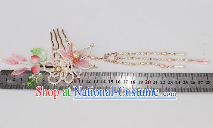 Chinese Ancient Noble Lady Pearls Tassel Hairpin Traditional Ming Dynasty Princess Peach Blossom Hair Comb