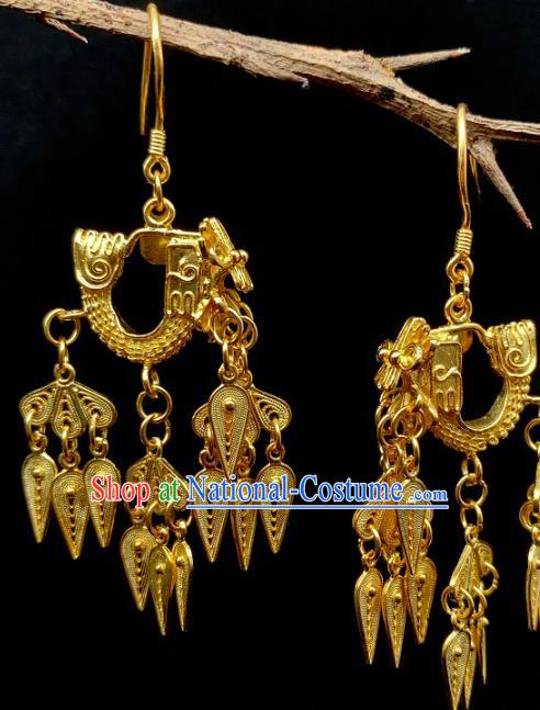 China Handmade Ancient Queen Earrings Traditional Ming Dynasty Golden Dragon Head Ear Jewelry