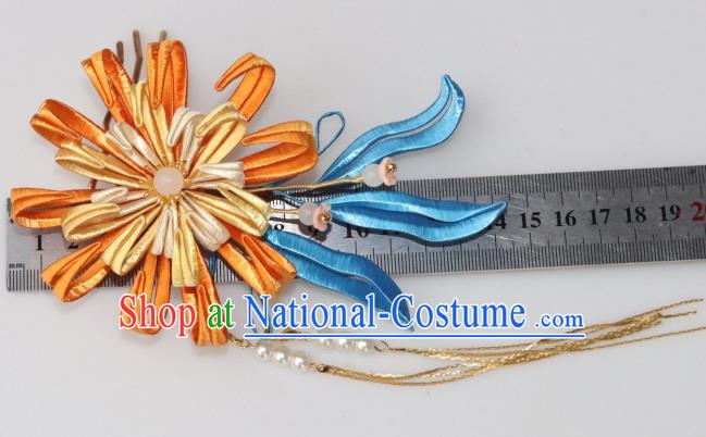 Chinese Ancient Infanta Golden Tassel Hairpin Traditional Ming Dynasty Princess Orange Silk Chrysanthemum Hair Comb