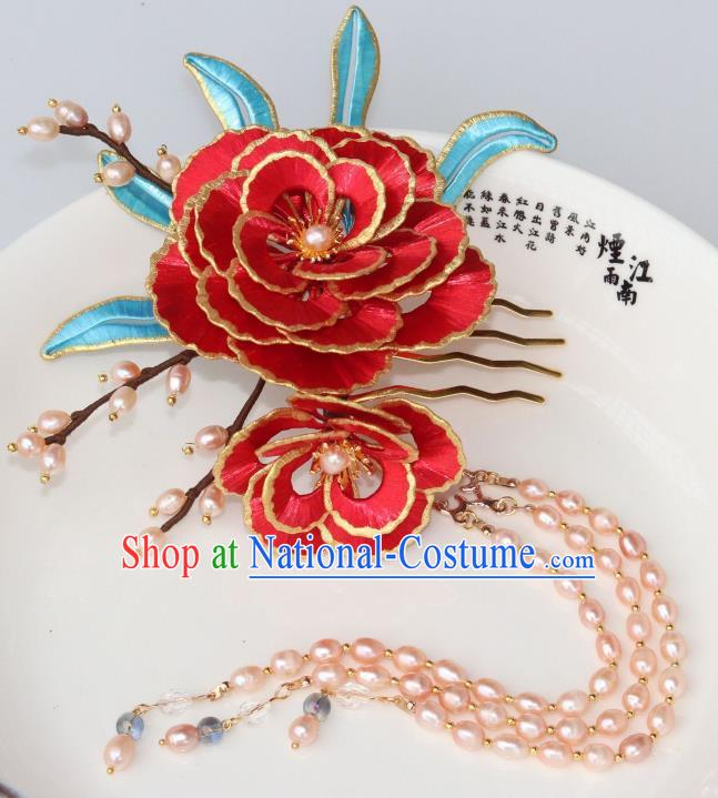 Chinese Traditional Ming Dynasty Pearls Tassel Hair Comb Ancient Princess Red Peony Hairpin