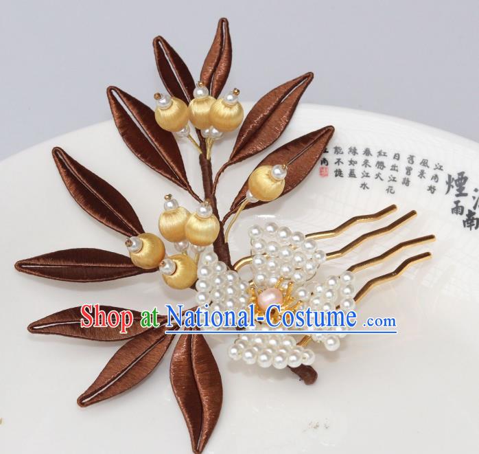 Chinese Ancient Young Lady Pearls Hairpin Traditional Ming Dynasty Brown Silk Leaf Hair Comb