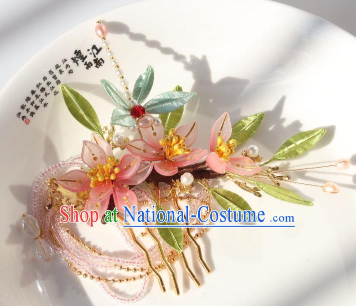 Chinese Ancient Hanfu Beads Tassel Hairpin Traditional Ming Dynasty Pink Flowers Hair Comb